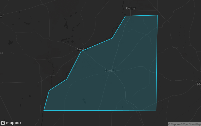 Map of Mitchell County, Georgia showing the county boundary and surrounding cities