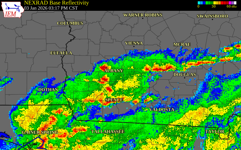 NEXRAD radar during the Saturday, January 3, 2026 storm activity in Mitchell County, Georgia