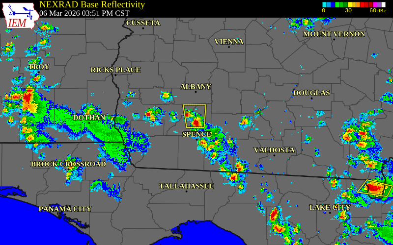 NEXRAD radar during the Friday, March 6, 2026 storm activity in Mitchell County, Georgia