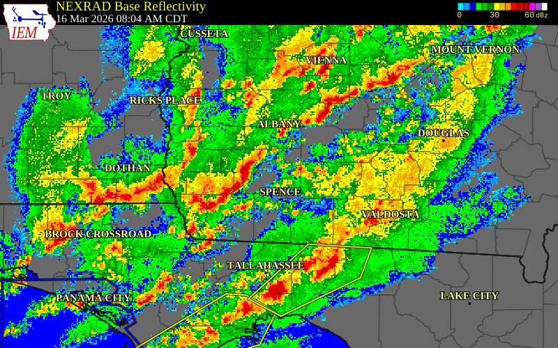NEXRAD radar during the Monday, March 16, 2026 storm activity in Mitchell County, Georgia