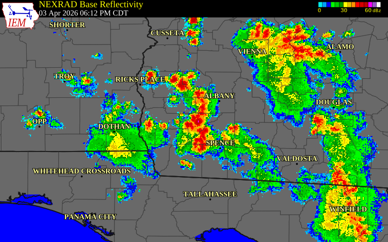 NEXRAD radar during the Friday, April 3, 2026 storm activity in Mitchell County, Georgia