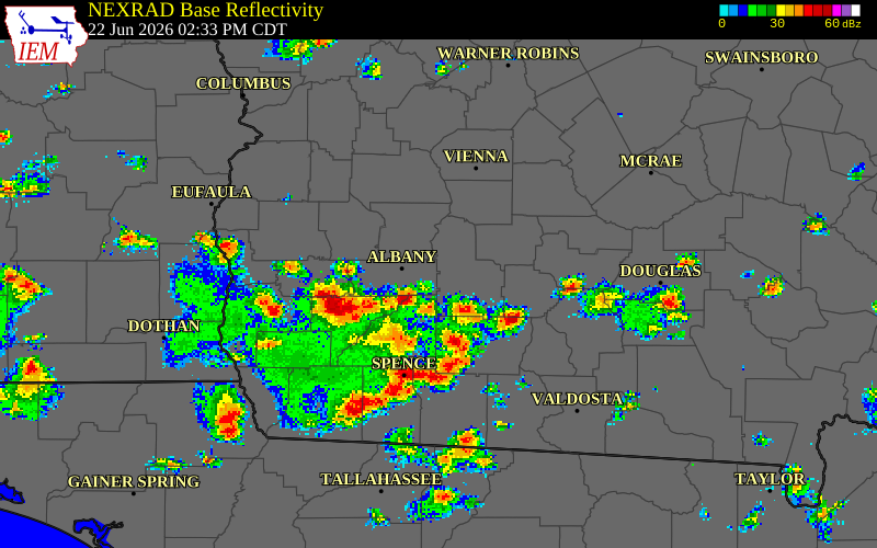 NEXRAD radar during the Monday, June 22, 2026 storm activity in Mitchell County, Georgia