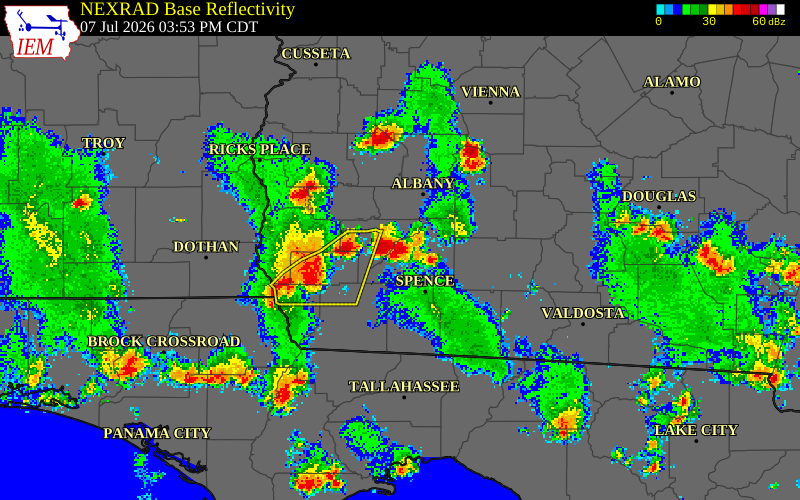 NEXRAD radar during the Tuesday, July 7, 2026 storm activity in Mitchell County, Georgia