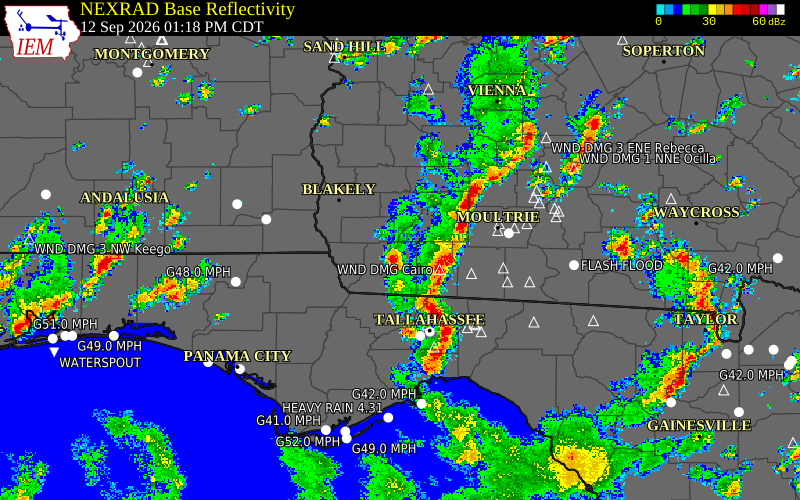 Current NEXRAD radar over Mitchell County, Georgia with recent storm report locations
