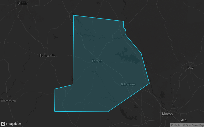 Map of Monroe County, Georgia showing the county boundary and surrounding cities