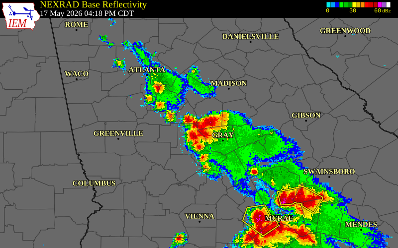 NEXRAD radar during the Sunday, May 17, 2026 storm activity in Monroe County, Georgia
