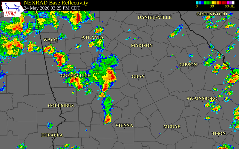 NEXRAD radar during the Sunday, May 24, 2026 storm activity in Monroe County, Georgia