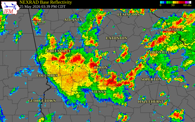 NEXRAD radar during the Monday, May 25, 2026 storm activity in Monroe County, Georgia