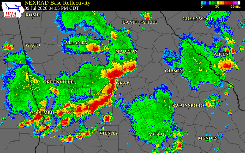 NEXRAD radar during the Thursday, July 9, 2026 storm activity in Monroe County, Georgia