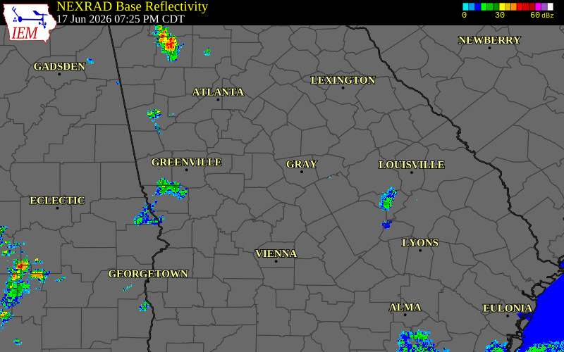 Radar snapshot during the Jun 17, 2026 tornado event near 3 S Dames Ferry, Monroe County, Georgia, with NWS warning polygons