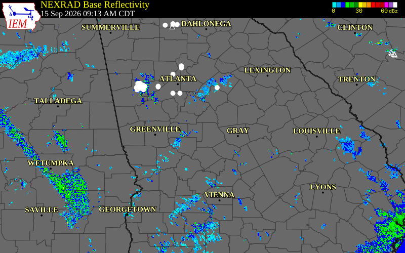 Current NEXRAD radar over Monroe County, Georgia with recent storm report locations