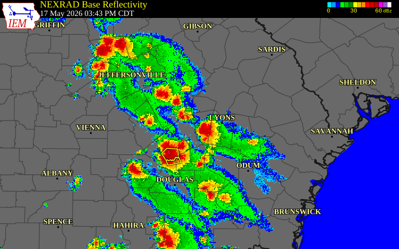 NEXRAD radar during the Sunday, May 17, 2026 storm activity in Montgomery County, Georgia