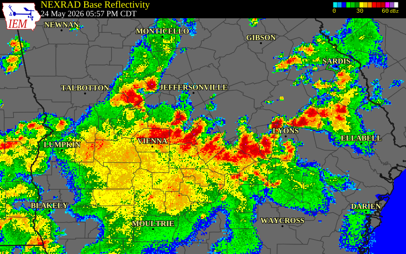 NEXRAD radar during the Sunday, May 24, 2026 storm activity in Montgomery County, Georgia