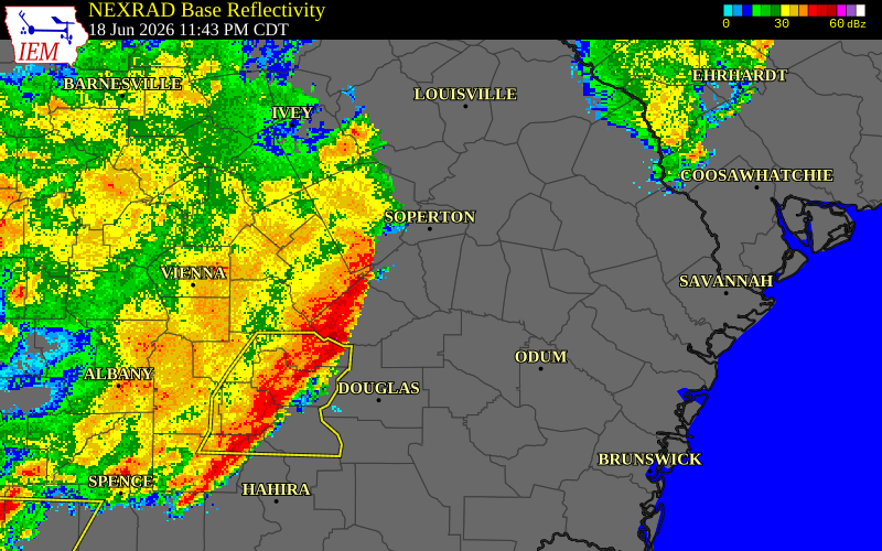 NEXRAD radar during the Friday, June 19, 2026 storm activity in Montgomery County, Georgia