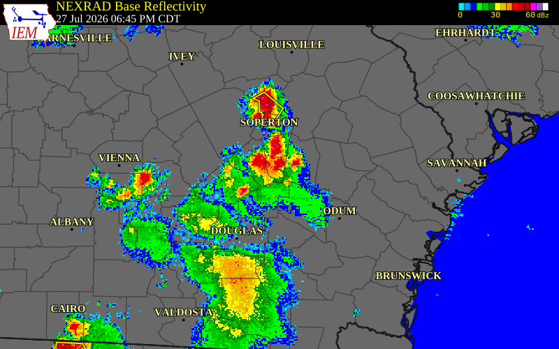 NEXRAD radar during the Monday, July 27, 2026 storm activity in Montgomery County, Georgia