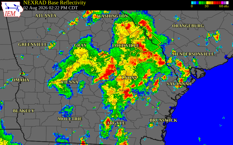 Radar snapshot during the Aug 2, 2026 wind event near Montgomery County, Montgomery County, Georgia, with NWS warning polygons