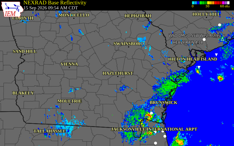 Current NEXRAD radar over Montgomery County, Georgia with recent storm report locations