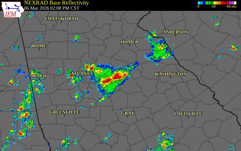 NEXRAD radar during the Friday, March 6, 2026 storm activity in Morgan County, Georgia