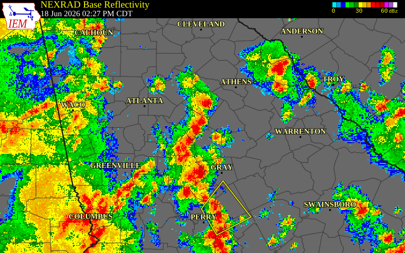 NEXRAD radar during the Thursday, June 18, 2026 storm activity in Morgan County, Georgia