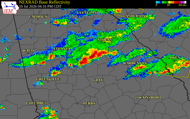 NEXRAD radar during the Friday, July 10, 2026 storm activity in Morgan County, Georgia