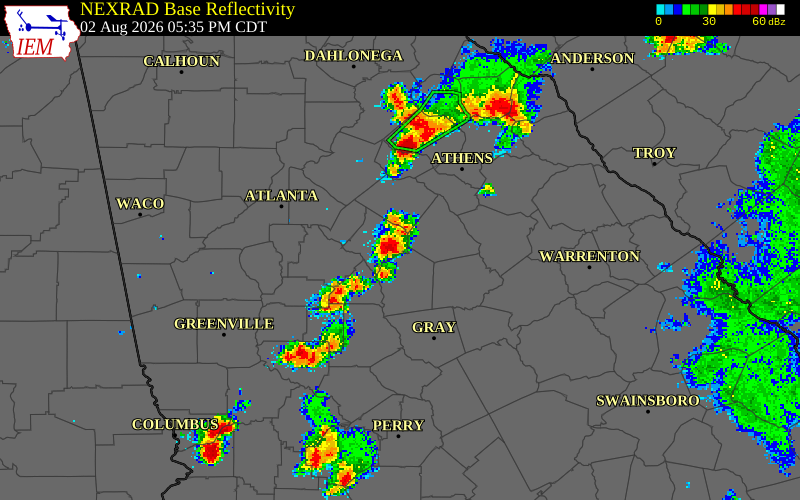 NEXRAD radar during the Sunday, August 2, 2026 storm activity in Morgan County, Georgia
