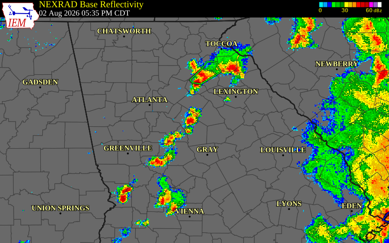 Radar snapshot during the Aug 2, 2026 wind event near Morgan County, Morgan County, Georgia, with NWS warning polygons