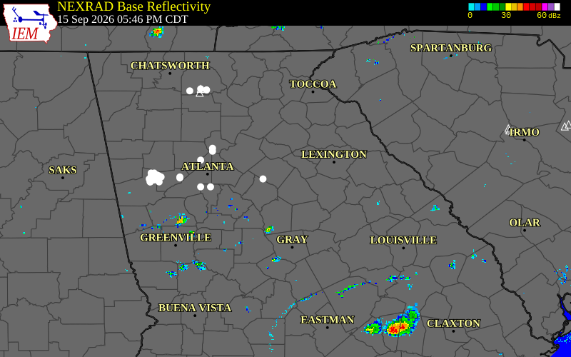 Current NEXRAD radar over Morgan County, Georgia with recent storm report locations
