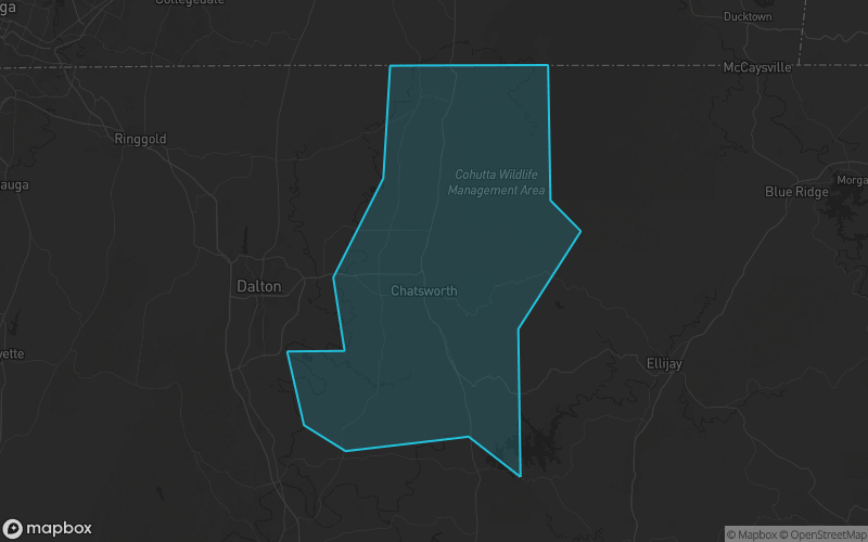 Map of Murray County, Georgia showing the county boundary and surrounding cities