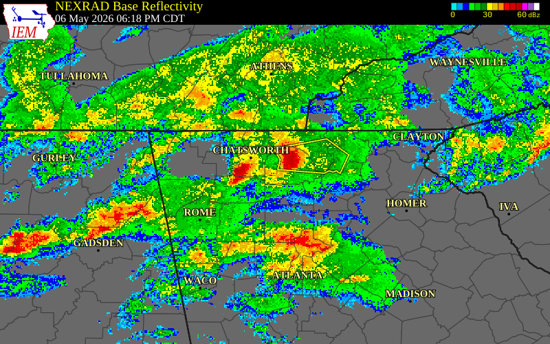 NEXRAD radar during the Wednesday, May 6, 2026 storm activity in Murray County, Georgia