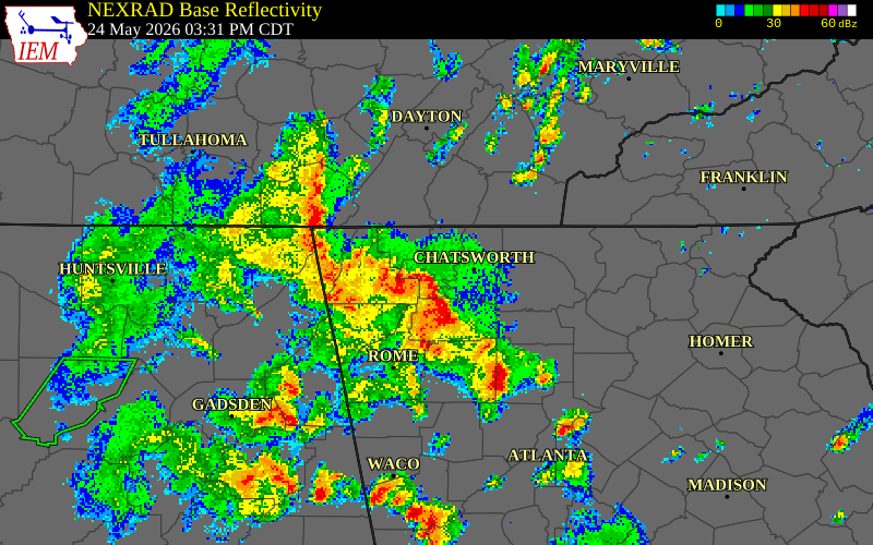 NEXRAD radar during the Sunday, May 24, 2026 storm activity in Murray County, Georgia