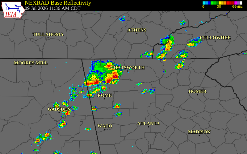 NEXRAD radar during the Thursday, July 9, 2026 storm activity in Murray County, Georgia