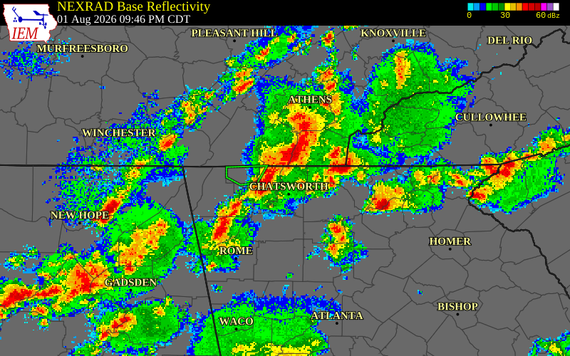 NEXRAD radar during the Saturday, August 1, 2026 storm activity in Murray County, Georgia
