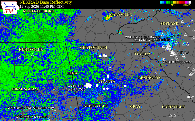 Current NEXRAD radar over Murray County, Georgia with recent storm report locations