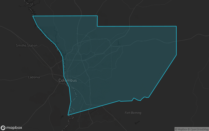 Map of Muscogee County, Georgia showing the county boundary and surrounding cities