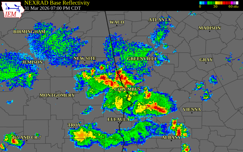 NEXRAD radar during the Tuesday, March 31, 2026 storm activity in Muscogee County, Georgia