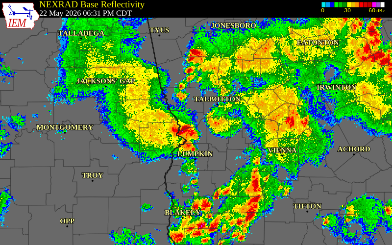 NEXRAD radar during the Friday, May 22, 2026 storm activity in Muscogee County, Georgia