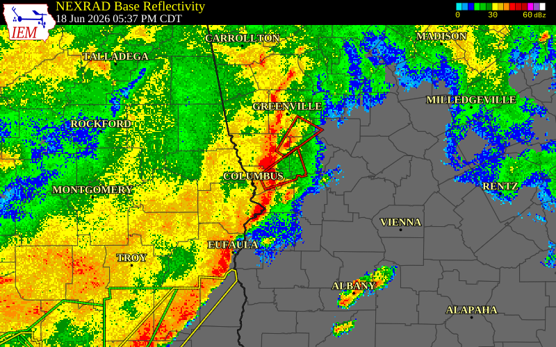 NEXRAD radar during the Thursday, June 18, 2026 storm activity in Muscogee County, Georgia