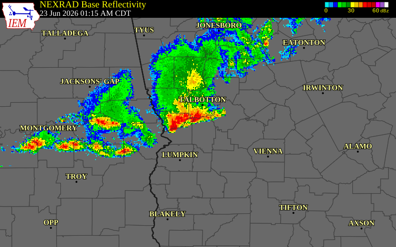 NEXRAD radar during the Tuesday, June 23, 2026 storm activity in Muscogee County, Georgia
