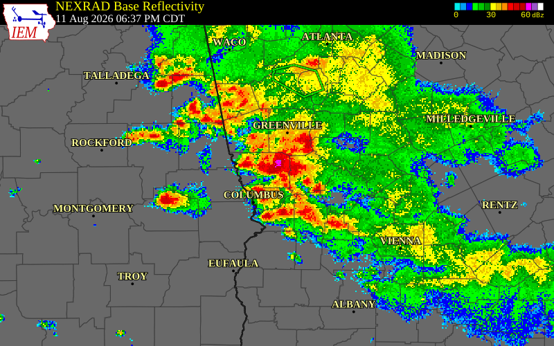 NEXRAD radar during the Tuesday, August 11, 2026 storm activity in Muscogee County, Georgia