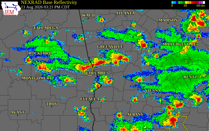 NEXRAD radar during the Thursday, August 13, 2026 storm activity in Muscogee County, Georgia