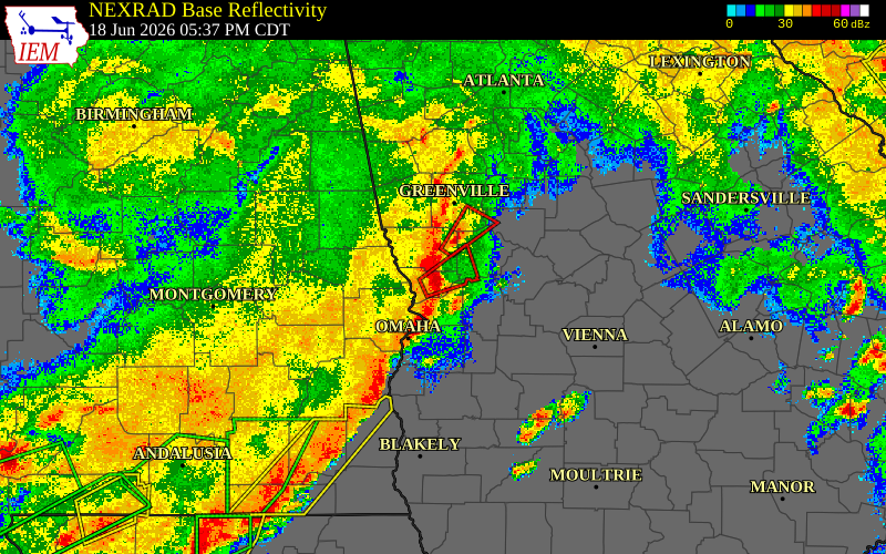 Radar snapshot during the Jun 18, 2026 tornado event near 3 SE Midland, Muscogee County, Georgia, with NWS warning polygons