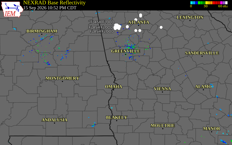 Current NEXRAD radar over Muscogee County, Georgia with recent storm report locations