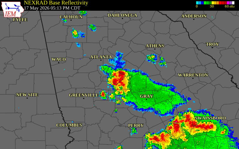NEXRAD radar during the Sunday, May 17, 2026 storm activity in Newton County, Georgia