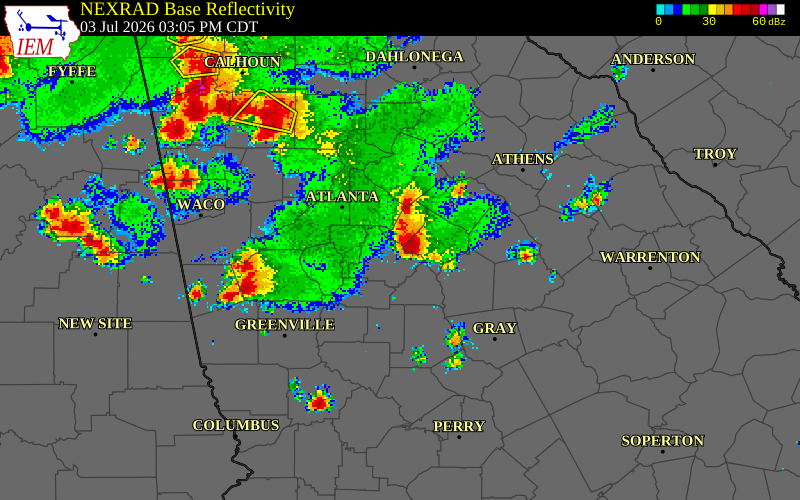 NEXRAD radar during the Friday, July 3, 2026 storm activity in Newton County, Georgia