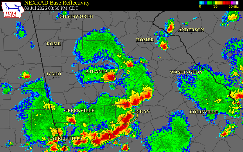 NEXRAD radar during the Thursday, July 9, 2026 storm activity in Newton County, Georgia