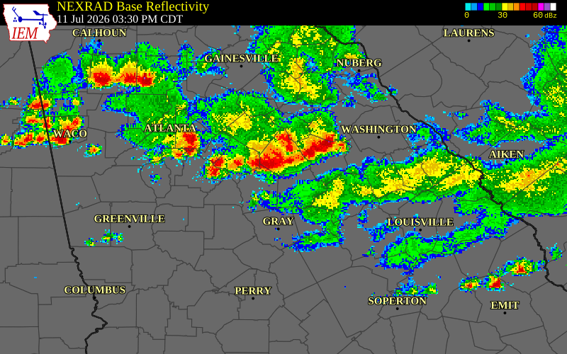 NEXRAD radar during the Saturday, July 11, 2026 storm activity in Newton County, Georgia