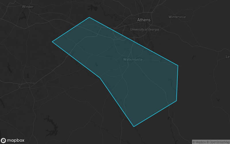 Map of Oconee County, Georgia showing the county boundary and surrounding cities