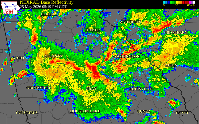 NEXRAD radar during the Monday, May 25, 2026 storm activity in Oconee County, Georgia