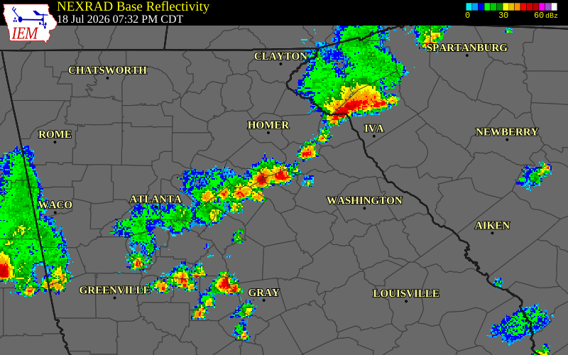 NEXRAD radar during the Saturday, July 18, 2026 storm activity in Oconee County, Georgia