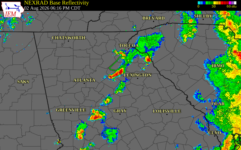 Radar snapshot during the Aug 2, 2026 wind event near Oconee County, Oconee County, Georgia, with NWS warning polygons